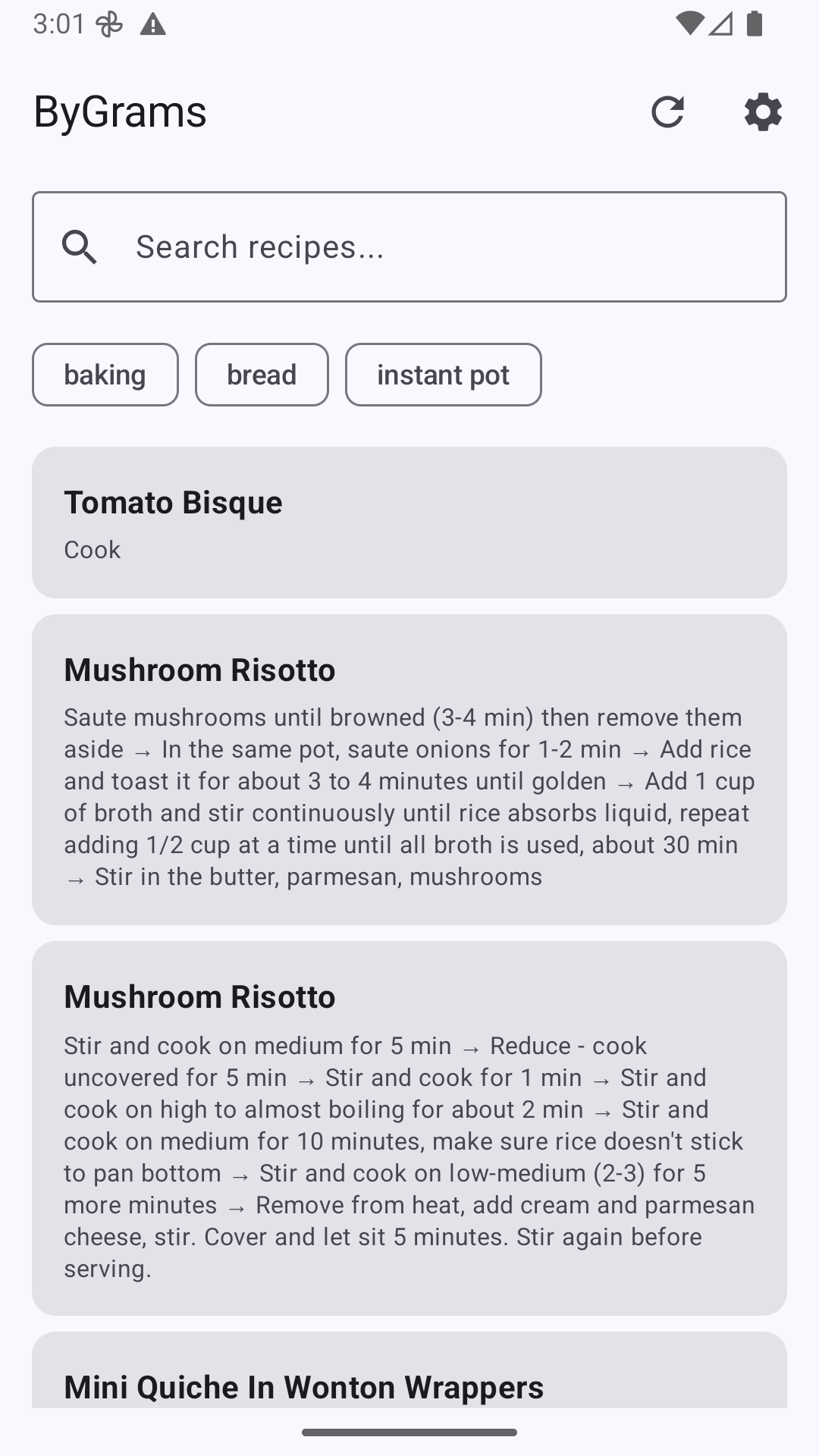 The recipe list, with search and tag filters