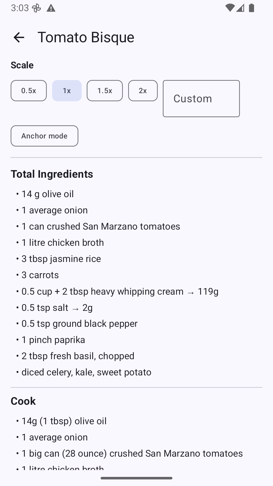 A recipe, with ingredients grouped under each named step