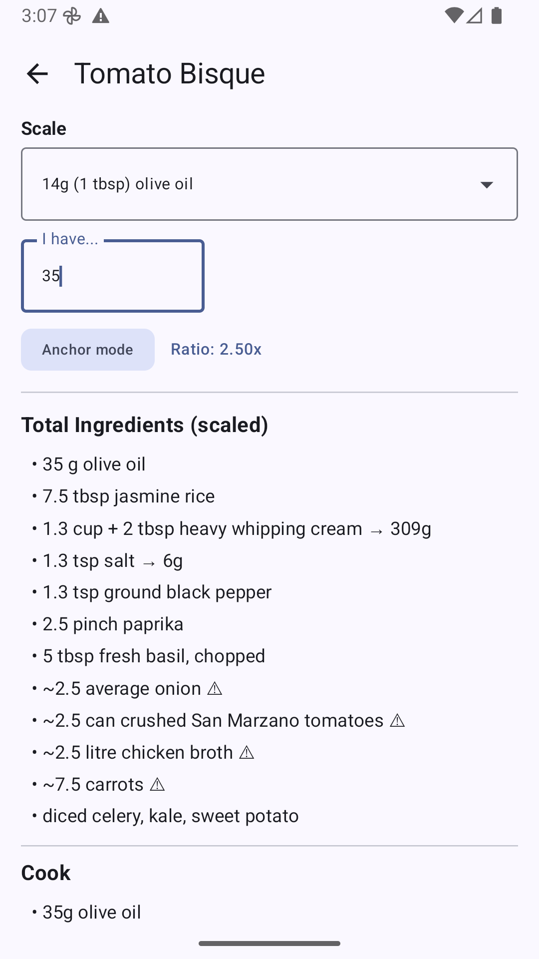 Anchor scaling — entering the amount of one ingredient you have